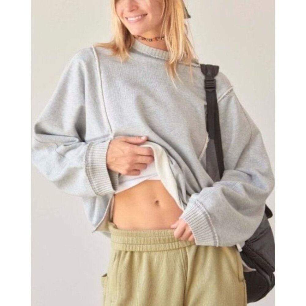 NWT Free People Gray Slouchy Crew Neck Sweater| Coastal Grandmother Quiet Luxury - Picture 1 of 16